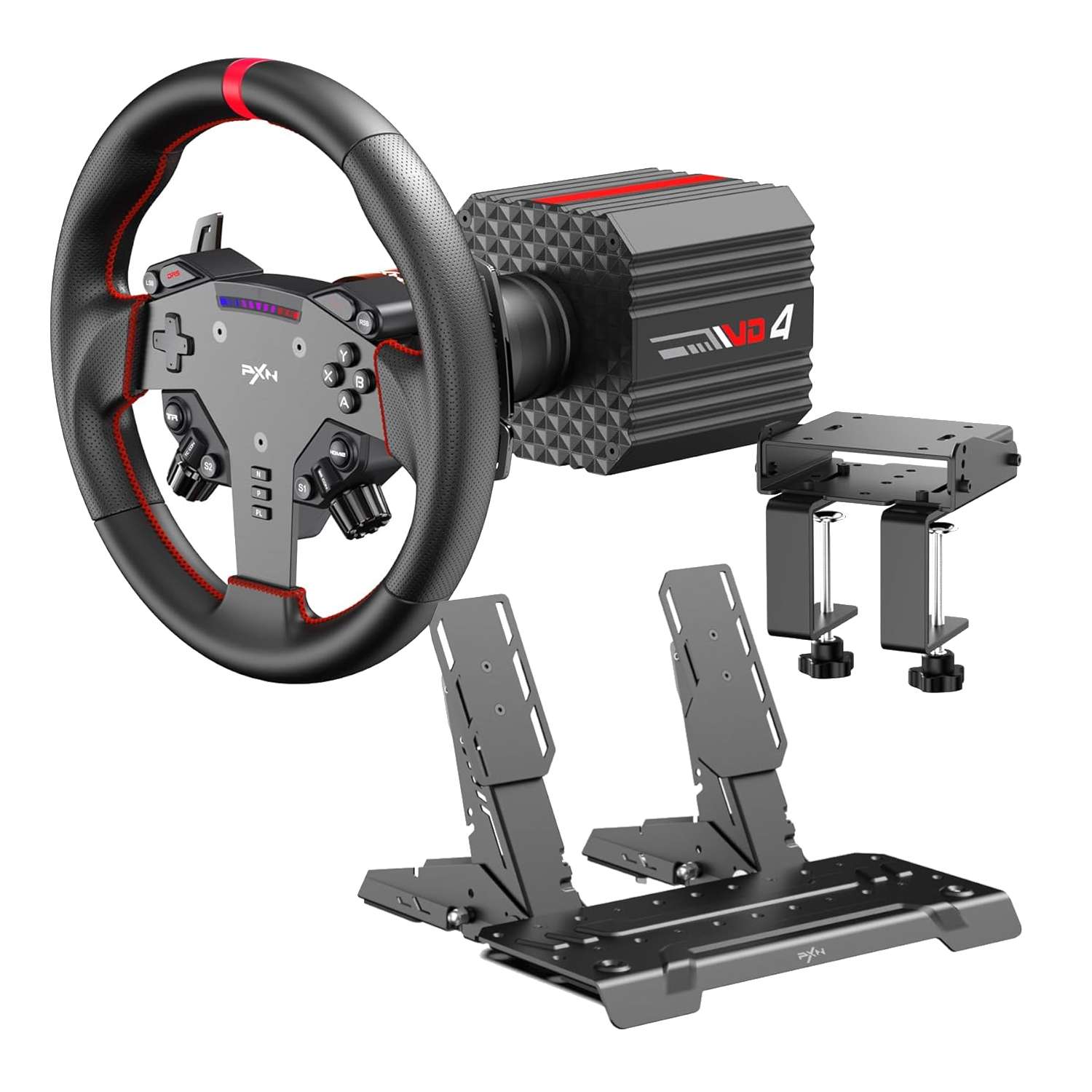 PXN VD4 Direct Drive Sim Racing Wheel – PD-HM Dual Pedal – Z8 Clamp Bundle